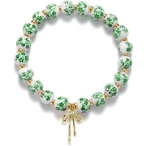 Green Dainty Flower Handmade Stretch Dainty Bead Bow Charm Bracelet for Women
